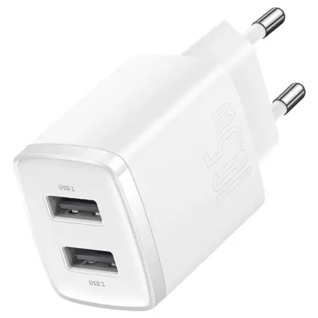 Incarcator retea Compact 2U, Baseus, 2x USB-A 10.5W 2A, Alb