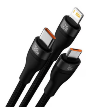Cablu de date si incarcare rapida, 3 in 1, Baseus Flash, USB A la USB-C, Micro USB, tip lightning, 100W, 1.2 metri, Negru