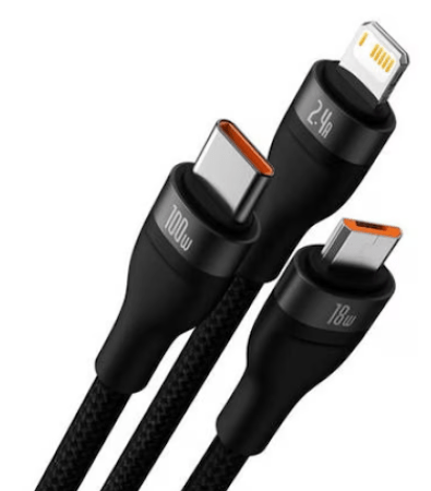 Cablu de date si incarcare rapida, 3 in 1, Baseus Flash, USB A la USB-C, Micro USB, tip lightning, 100W, 1.2 metri, Negru