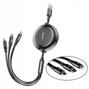 Cablu retractabil Baseus Golden Loop 3in1 USB - micro USB / tip lightning / USB-C 3.5A 35cm - 120cm negru (CAMLT-JH01)