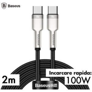 Cablu alimentare si date Baseus, Cafule Metal Crystal Shine, Fast Charging, USB Type-C la USB Type-C 100W 2m braided, Negru