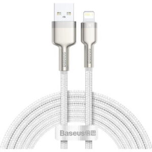 Cablu de date, Baseus Cafule, CALJK-B02, USB la Lightning, Quick Charge, 2.4A, Lungime 2m, 480 Mb/s, Alb, Tip snur acoperit cu nailon