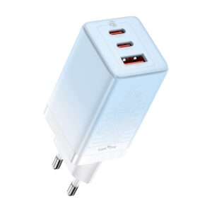 Incarcator retea Baseus CCGP050103, GaN, 2 USB-C, USB, 65W, cablu incarcare USB-C 1m inclus, albastru