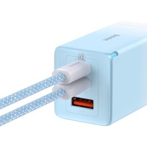 Incarcator retea Baseus CCGP050103, GaN, 2 USB-C, USB, 65W, cablu incarcare USB-C 1m inclus, albastru