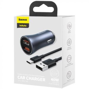 Incarcator Auto Baseus, Golden Contactor Pro Dual 2x USB Quick Charger, Cablu Baseus USB la USB Type, Dark Gray