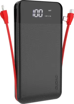 PowerBank, Dudao, K1A, Negru, 10000 mAh, USB, Cabluri Lightning/USB-C/MicroUSB incorporate, Quick Charge, Afisaj digital