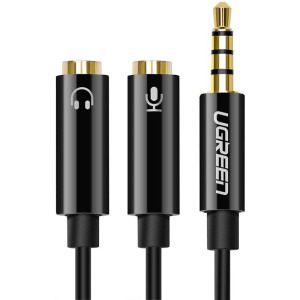 Splitter audio pentru casti si microfon UGREEN AV141, tata mini jack 3.5 mm la 2x mama mini jack 3.5 mm, 20cm, Negru