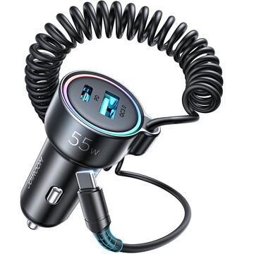 Incarcator rapid pentru masina Joyroom 3 in 1 cu cablu USB tip C 1,5 m 55 W negru
