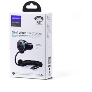 Incarcator rapid pentru masina Joyroom 3 in 1 cu cablu USB tip C 1,5 m 55 W negru