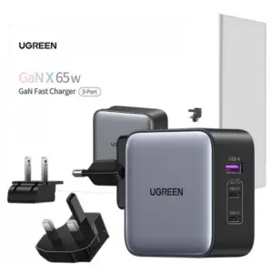Incarcator de retea Ugreen CD296, tehnologie GaN, 1 port USB si 2 porturi USB C, Adaptor, 65W, mufa UE, UK, SUA Negru