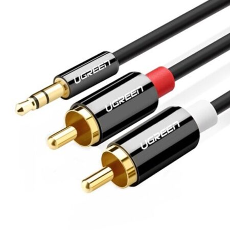 Cablu audio, UGREEN, AV116 , jack 3,5 mm tata la 2 x RCA tata, Conector placat cu aur 24k, 100 cm, Negru,