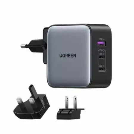 Incarcator de retea Ugreen CD296, tehnologie GaN, 1 port USB si 2 porturi USB C, Adaptor, 65W, mufa UE, UK, SUA Negru