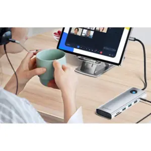 Adaptor Hub Orico 10-in-1 PW11-10P-GY-EP, USB-C la 3x USB 3.0, 1x HDMI 4K30Hz, 1x VGA, 1x RJ45, 1x SD slot, 1x TF slot, 1x AUX, 1x USB-C PD 100W, 5 Gbps, Gri