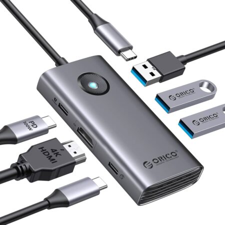 Adaptor Hub Orico 6-in-1 PW11-6PR-GY-EP, USB-C la 3x USB 3.0, 1x HDMI 4K30Hz, 1x USB-C PD 100W, 5 Gbps, Gri