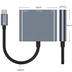 Adaptor HUB aluminiu 3-in-1 Tech-Protect V1, USB Type-C - 1x USB 3.0, 1x USB Type-C, 1x HDMI, Gri